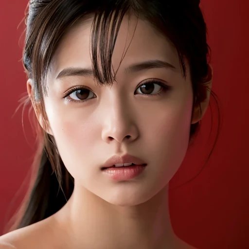 (masterpiece, best quality, perfect anatomy, highres, 8k, realistic, photorealistic, natural skin texture:1.2), 1girl, solo, Japanese, age20, erogao, parted lips, Close eyelids and pout lips, face closeup, from front, nude, spot lighting, red background