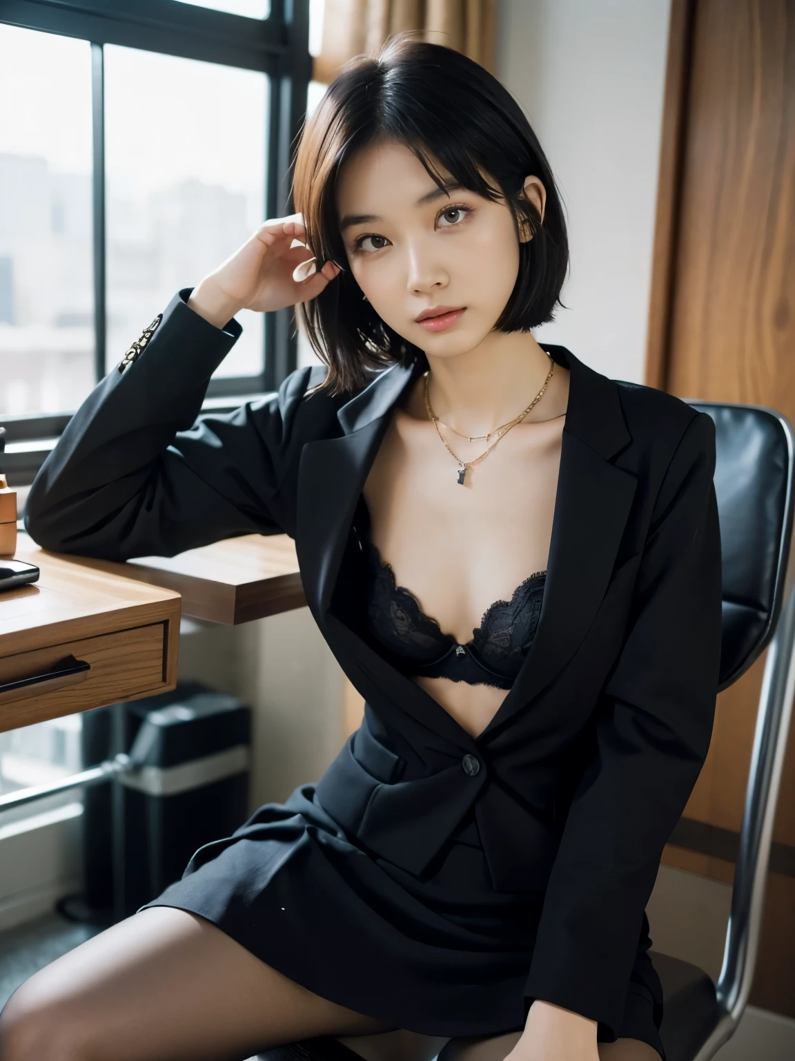 (8K, highest quality, masterpiece:1.2), (realistic, realistic:1.37), ultra detail, 1 girl, whole body, outdoor, (Adjusted hair:1.5) office lady, black office blazer, office skirt, (pantyhose: 1.2), (Short button-down shirt: 1.2), (pantyhose: 1.2), alpha layer, high heels, beautiful earrings, cute, alone, beautiful and detailed sky, (smile: 1.15), (closed mouth), beautiful and fine eyes, business suit, (short hair: 1.2), Ultra low-rise skirt、big breasts、I can see my belly button、exposed lower abdomen、sexy hip bones、beautiful hip bone skin、Hip bone exposure、naked lower abdomen、tight waist、skinny body、toned lower abdomen、Detailed skin of lower abdomen、Detailed skin of suprapubic bone、super low skirt、Naked around the waist、exposing the top of the pubic bone、skin under the hipbone