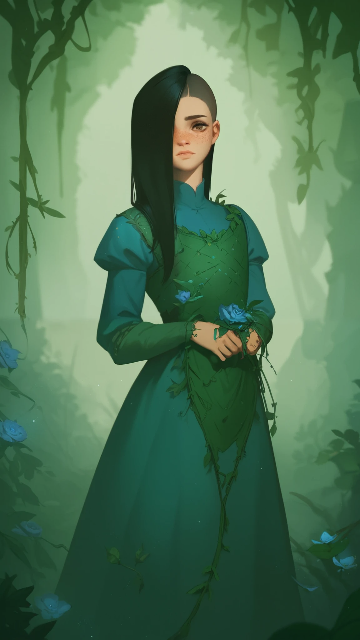 androgynous, 1girl, twink, black hair ((long cut)), fair skin ((freckles)), brown eyes, artificer, medieval fantasy, Expressiveh, wearing a vibrant medieval dress, standing in a dark forest, with blue vines and leaves