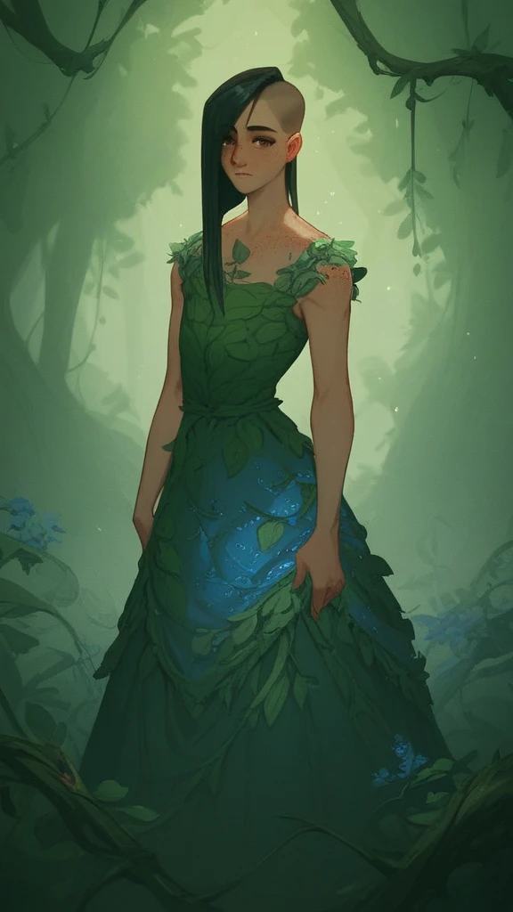 androgynous, 1girl, twink, black hair ((long cut)), fair skin ((freckles)), brown eyes, artificer, medieval fantasy, Expressiveh, wearing a vibrant medieval dress, standing in a dark forest, with blue vines and leaves