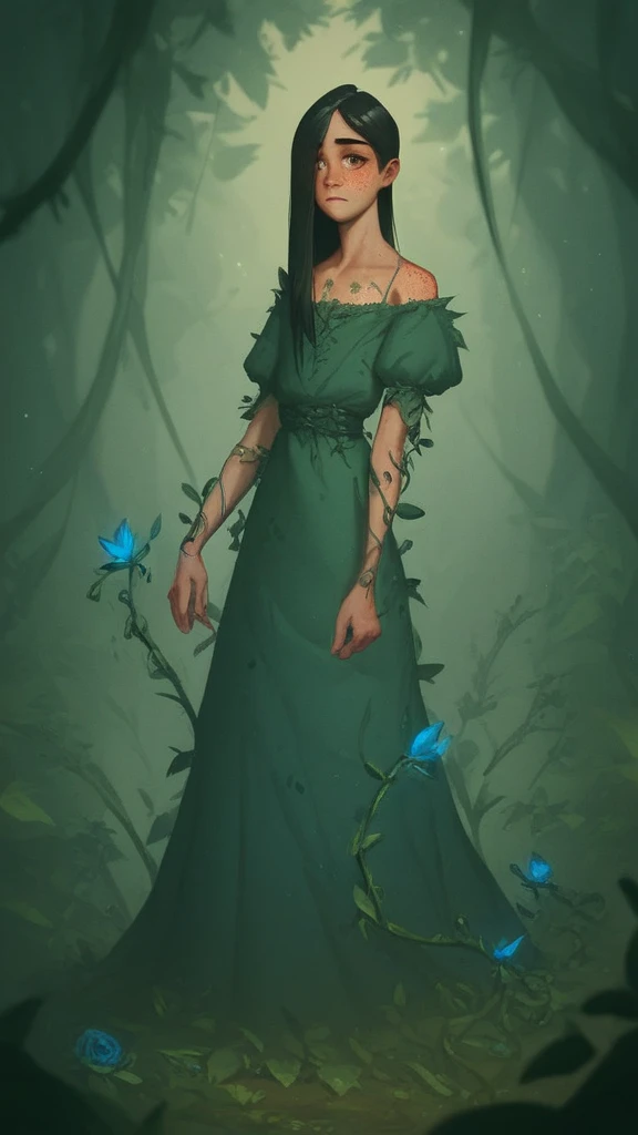 androgynous, 1girl, twink, black hair ((long cut)), fair skin ((freckles)), brown eyes, artificer, medieval fantasy, Expressiveh, wearing a vibrant medieval dress, standing in a dark forest, with blue vines and leaves