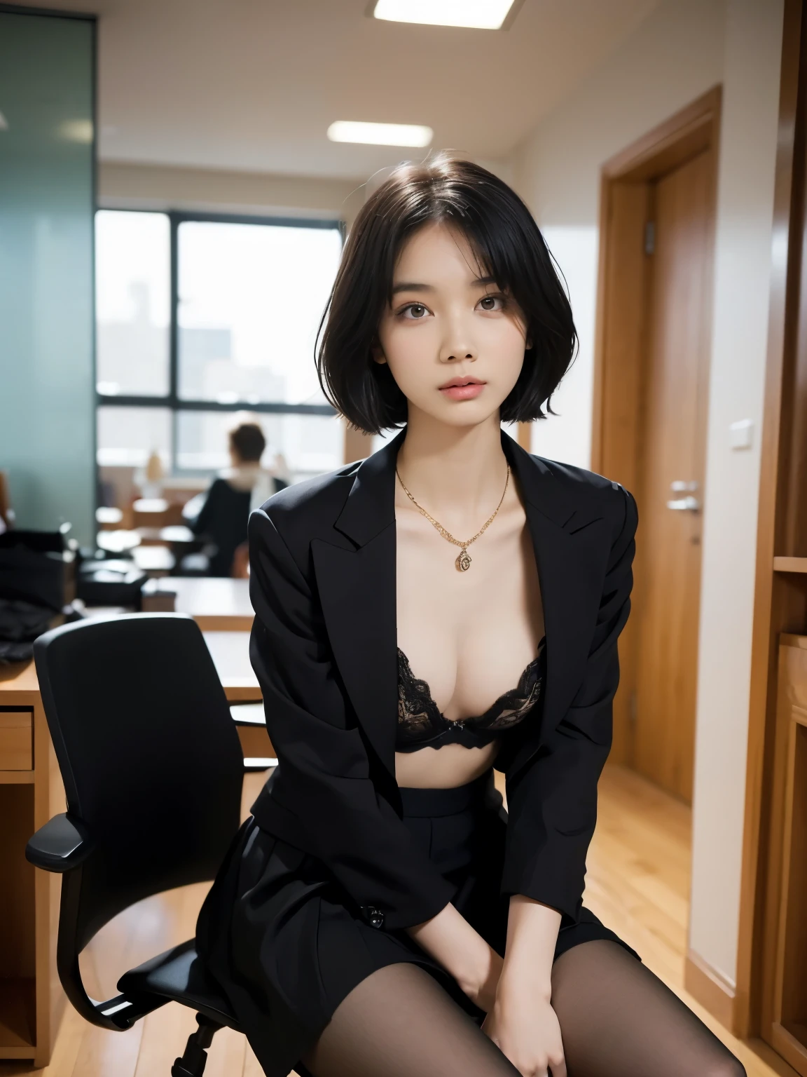 ((8k, RAW photos, top quality, masterpiece), High-resolution RAW color photos Professional close-up photos, (实际of, Photorealism: 1.37), (最好of质量), (Best shadows), (Best Illustration), clavicle ((大of)), ((of, 性感of, Ultra-high resolution, HD CG unified 8K wallpaper, 基于物理of渲染, Movie Lighting), (Egiosar:1), 18歲of女孩, (Grey suit jacket, ribbon, sock, high school: 1.2), high school课堂, 美丽of眼睛细节, There is light on the face, ((full-body shot: 1.2)), 特别强of光线, (Upper Eye, to grin:1.2),有光泽of皮肤, (((Black Hair, Bob Hairstyle:1.2))), ( Thick thighs), ulzzang-6500-v1.1:0.2, 害羞of, (flash:1.2), National Foundation , (fluffy), ((Seductive pose: 1.2, 吸引人of: 1.2)), (闲置of), (坐在教室of桌子旁: 1.2)), ((良好of解剖结构: 1.2)), ((明亮清新of教室, Background blur: 1.2)), Perfect face, 可爱of脸孔, (High Angle Shot:1.2)