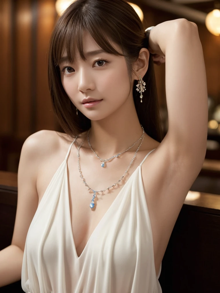  She stretches her back with lots of exposed small jewels A very beautiful and well-styled Japanese woman in a dark night bar lounge with romantic lighting wearing a sheer, pale pastel cocktail dress attached、She has brown eyes and shoulder-length dark blond loosely coiled hair gorgeously、 she is looking at me 、 she is wearing a small necklace without silver jewels 、 The background is European and gorgeous 、Darken the background、ultra-detailed, perfect anatomy, perfect limbs, perfect hand, depth of field, blurry background, blurry, Shallow depth of field,  see your whole body , 