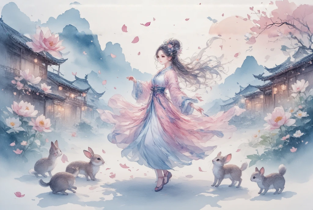 score_9, score_8, score_7, Watercolor,  Beautiful Taoyuan Township , The goddess, Feather coat,  Pink Light Silk , Dancing in Taoyuan , A blizzard of flowers, (Lots of petals:1.5,  in the sky, Petals covering the screen),  Beautiful Petals Flutter,  Small Animals Play Under Your Feet , fantasy landscape, ((retina, masterpiece:1.2, high details, high quality,  highres icon, best quality))