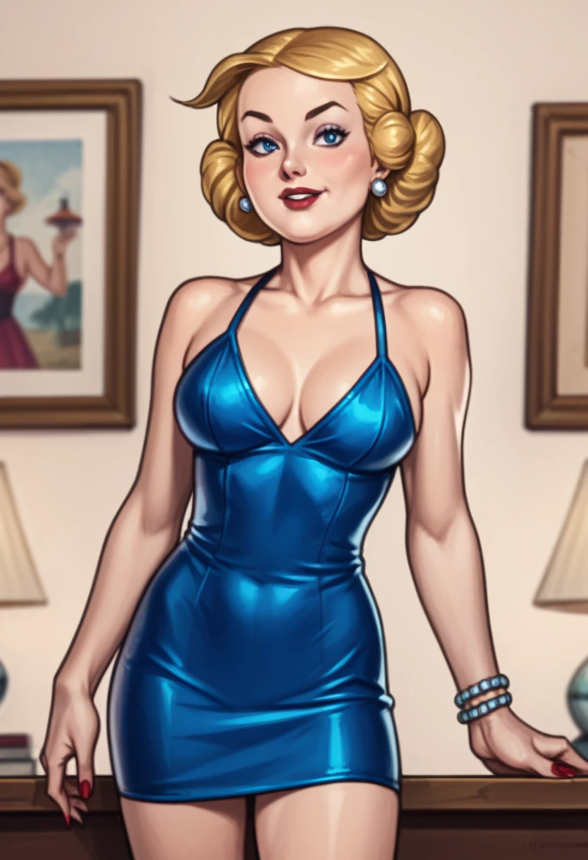 January Jones, masterpiece quality, (masterpiece quality:1.3), detailed, realistic, (realistic:1.3), 1girl, solo, (solo:1.9), alone, in a 1950’s living room, in a 1950’s house, 1950’s housewife, short hair, platinum hair, wearing hair band, wearing choker collar, wearing a 1950’s blue dress, (blue dress:1.5), short skirt, small breasts, (small breasts:1.5), thin body, covered breasts, modest, smiling, (smiling:1.5), 