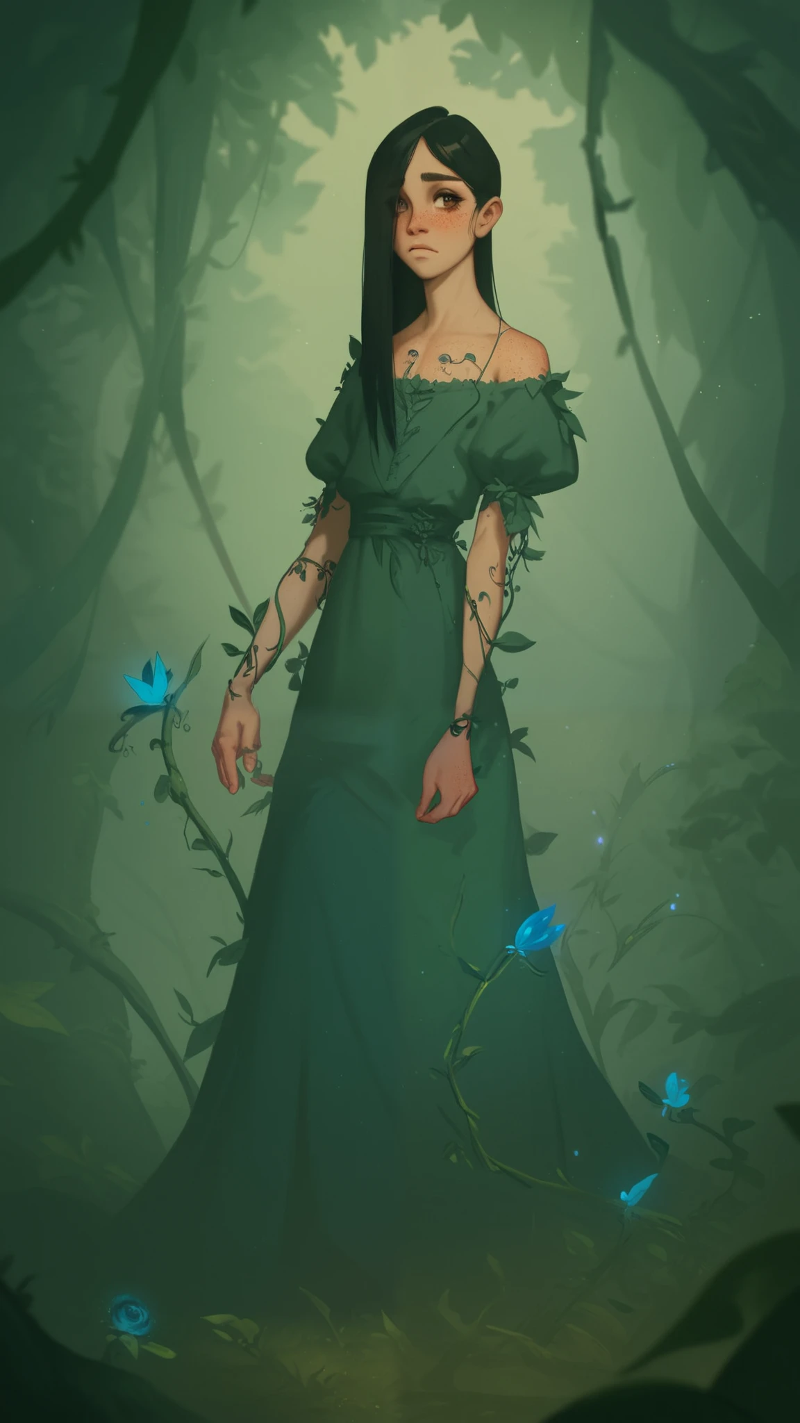 androgynous, 1girl, twink, black hair ((long cut)), fair skin ((freckles)), brown eyes, artificer, medieval fantasy, Expressiveh, wearing a vibrant medieval dress, standing in a dark forest, with blue vines and leaves