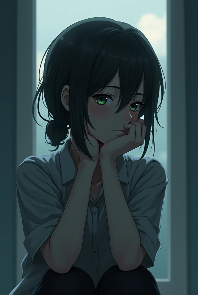 Handsome, solo, 1 female, short tomboy hair, black hair, green eyes, black highschool uniform , empty classroom, early morning, window seat, mysterious girl, expressionless 