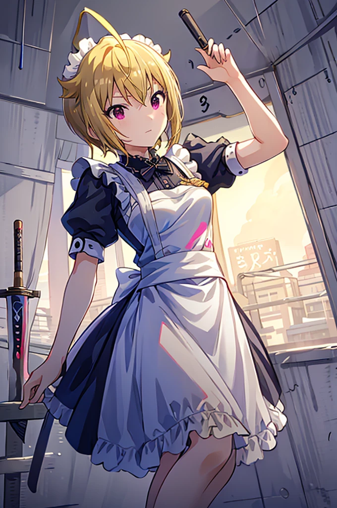 swav,(Masterpiece:1.2, high quality), tsubasa ibuki (million live),
 SWAV, have Japanese sword, (maid costume), with short blonder hair, A rare slim waist, With a silver japanesesword, ninjartist,
futuristic world, tech, cyberpunk, ultra-detalhado,
cowboy shot, looking viewer,