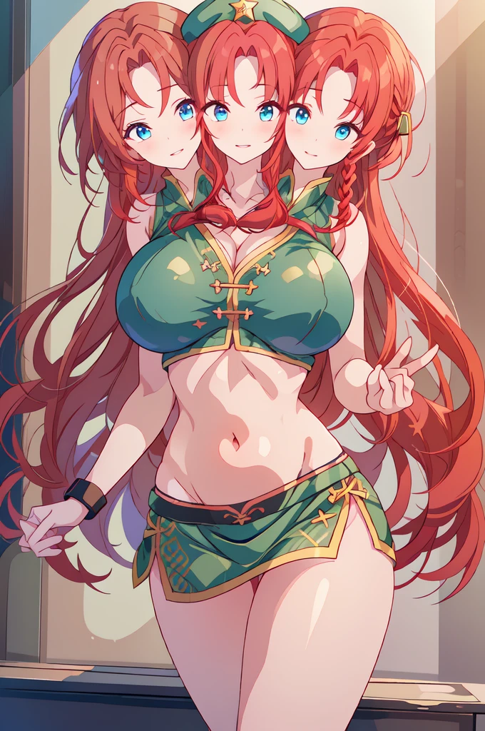 (masterpiece, best quality),best quality, (ultra-detailed), (3heads:1.5), 1girl, (ultra-detailed), (3heads:1.5), 1girl, (hong meiling:1.3), masterpiece, (best quality:1.5, highres, UHD), highres, absurdo, ultra detail, ultra quality, Ultra resolution, green top, crop top, ((stomach)), midriff, ((groin)), green skirt, miniskirt, normal ears, shackles, ((red hair:1.5)), ((redhead:1.5)), very long hair, flowing red hair, sidelocks, blue eyes, parted lips, midriff, smiling, soft smile, gentle smile, cute smile, cute, toned belly, hand on own chest, eyelashes, (2 woman:1.3), (masterpiece:1.5), (best quality:1.5), (beautiful detailed), extremely detailed CG, extremely delicate and beautiful, depth of field, (finely detailed face), (perfect details:1.2), (mature female:1.3), wide pelvis, slender, large veiny breast, 16k resolution, high quality, high definition, extremely detailed, masterpiece, (red hair), long hair, (same hair color), alluring presence, twin braid, short skirt, close up, very big breasts, huge breasts, young, striped, (wearing a green beret:1.5), hair ornament, (revealing chinese clothes:1.5)), star hat ornament, open belly, nsfw, girl with three heads, three headed girl,
