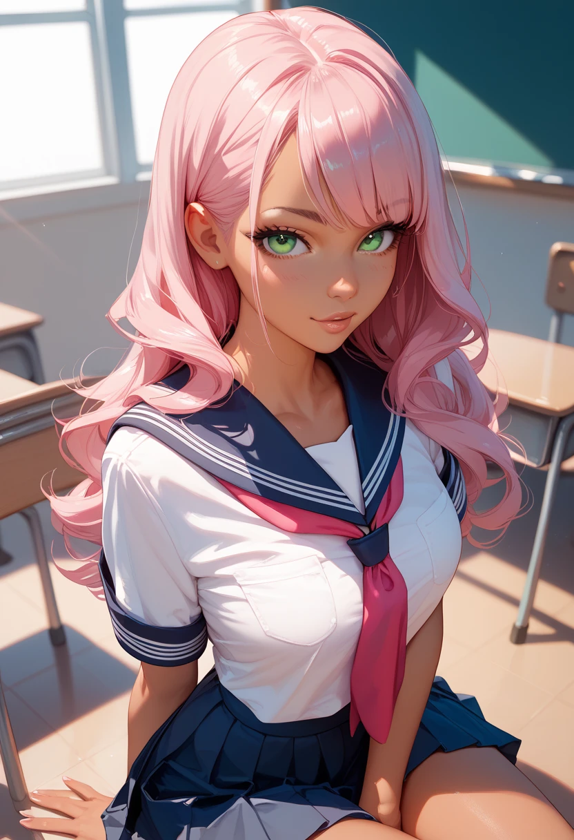 uruseiyatsuraran, ran, long hair, bangs, pink hair, hair bow, red bow (pink eyes:1.5), smile, shirt, long sleeves, school uniform, sailor collar, neckerchief, yellow neckerchief, shirt, blue shirt, blue sailor collar (blue skirt:1.5), indoors classroom, looking at viewer (cowboy shot:1.5) (masterpiece:1.2) best quality, high resolution, unity 8k wallpaper (illustration:0.8) (beautiful detailed eyes:1.6) extremely detailed face, perfect lighting, extremely detailed CG (perfect hands, perfect anatomy)