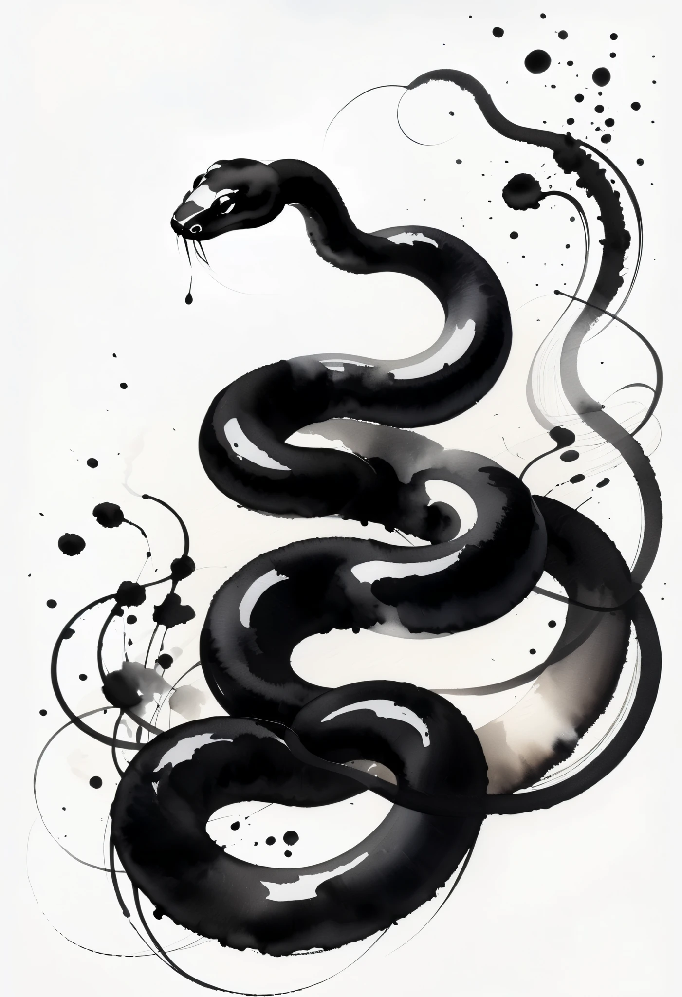 High class restaurant painting Watercolor style Black snake swirling and drawn with a brush White and black only Pretty cool chic and modern design White background, sumi-e, masterpiece,best quality,extremely detailed,fine details,official art,unity 8k wallpaper,4K,8K,UHD,