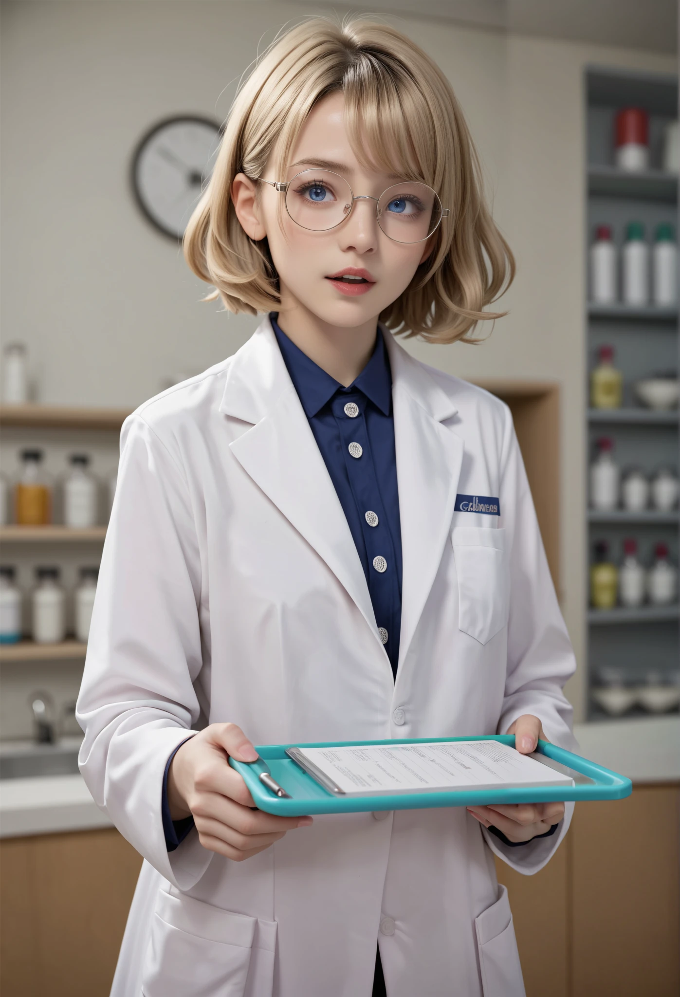 A young female scientist from the UK, Clarisse Evans, had wavy blonde bob-cut hair and round glasses. Her slightly messy white lab coat reflects her busy and slightly clumsy personality. ((A messy lab)), holding a test tube, and notebooks scattered around. She has a slightly surprised expression, and the overall setting carries a classic British elegance that enhances her charm, C-cup boobs, cowboy shot
