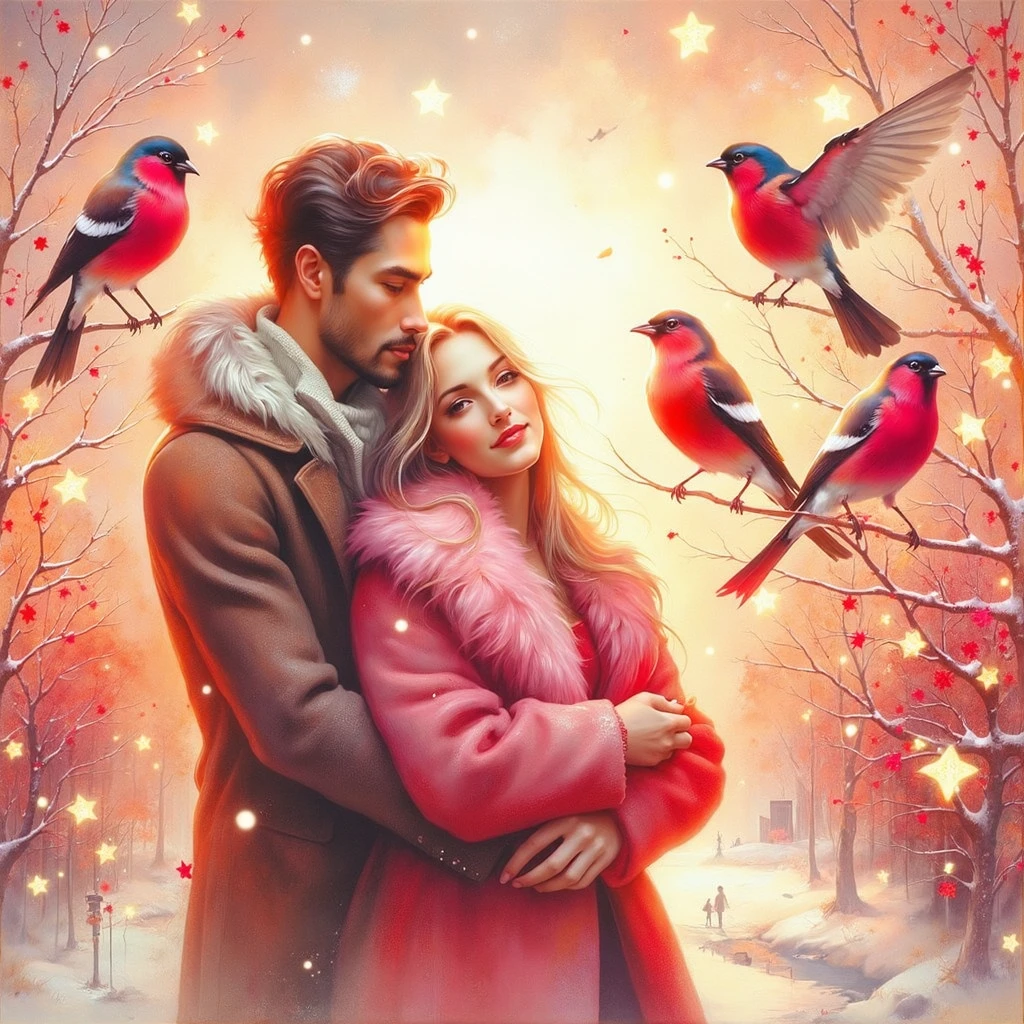 (((EXTREMALLY DETAILED ULTRAREALISTIC UNREAL ENGINE5 IMPASTO EMBOSSED FOREGROUND: 1.4))) It's a beautiful SNOWY scene of WINTER with SNOWBIRDS in vibrant PINK-RED-BURGUNDY hues and HOLOGRAPHICBLIKS SNOWFLAKES sparkling in bokeh light, a beautiful HAPPY couple, a long BLONDE 18 YEARS SMILE WOMAN EMOTIONAL EXPRESSIVE PASSIONATE HUGS 30 YEARS MUSCULAR BRUTAL MAN WITH SHORT BLACK HAIR, standing TOGETHER. ON PASTEL BACK SNOWY TREES WITH BULLFINCHES, illuminating branches in warm sunlight, creating a peaceful and golden mood. Paint a dreamy hazy breezy wet on wet watercolour artwork, using minimal paints and maximum loose water effects, WINTER colour palette, PERFECT composition, minimalist, impressionist, with no text. MODERN CASUAL WINTER COATS. ON BACKGROUND PASTEL MOODY SKYSCRAPERS. bokeh ethereal beautiful fantastic view Golden ratio dreamy nostalgic Atmospheric melancholy natural light Tran Nguyen rules of third Visual Poetry fog and smoke unfiltered creativity minimal paint and water effects beautiful WINTER palette Dreamy Hazy Breezy (((EXTREMALLY DETAILED ULTRAREALISTIC 2D FOGGY PASTEL BACKGROUND: 1.2))) 