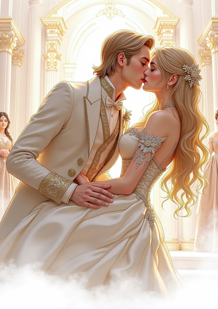 (masterpiece, highest quality, high resolution, 8k, difficulty: 1.2) photorealistic book cover in the genre of epic romantic fantasy, in the center of which a COUPLE (a man and a woman) is depicted. Spring romantic fantasy, A tall, handsome, statuesque, courageous young man, a platinum blonde in a luxurious wedding tuxedo, holds his bride in his arms (an incredibly beautiful young femme fatale blonde with long golden hair), she is wearing a luxurious chic wedding dress, jewelry, a beautiful veil, a tiara. She holds the bride's bouquet in her hands. They are happy, in love with each other. Masterpiece, beautiful face, beautiful facial features, perfect image, realistic photos, full-length image, 8k, detailed image, extremely detailed illustration, a real masterpiece of the highest quality, with careful drawing. glow. In full growth. proportional, delicate, shimmering, beautiful faces, daytime bokeh, fairy tale fairy, mysterious, bright spring color scheme, (Best quality, 8K, high resolution, Masterpiece: 1.2), Ultra-detailed (Realistic, Photorealistic, photorealistic-realistic: 1.37), Artistic design in a creative style, Historical, classic, refined, many colors, high detail, soft lighting, luxurious furnishings, dress with details, bright flowers, exquisite jewelry, Unearthly atmosphere, Elegant pose, Graceful curves, Loose hair, Breathtaking patterns on textiles, Delicate floral decor, Dazzling set of crystal accessories, Mysterious and dreamy atmosphere, impeccable attention to detail. expressive eyes, a beautiful face.