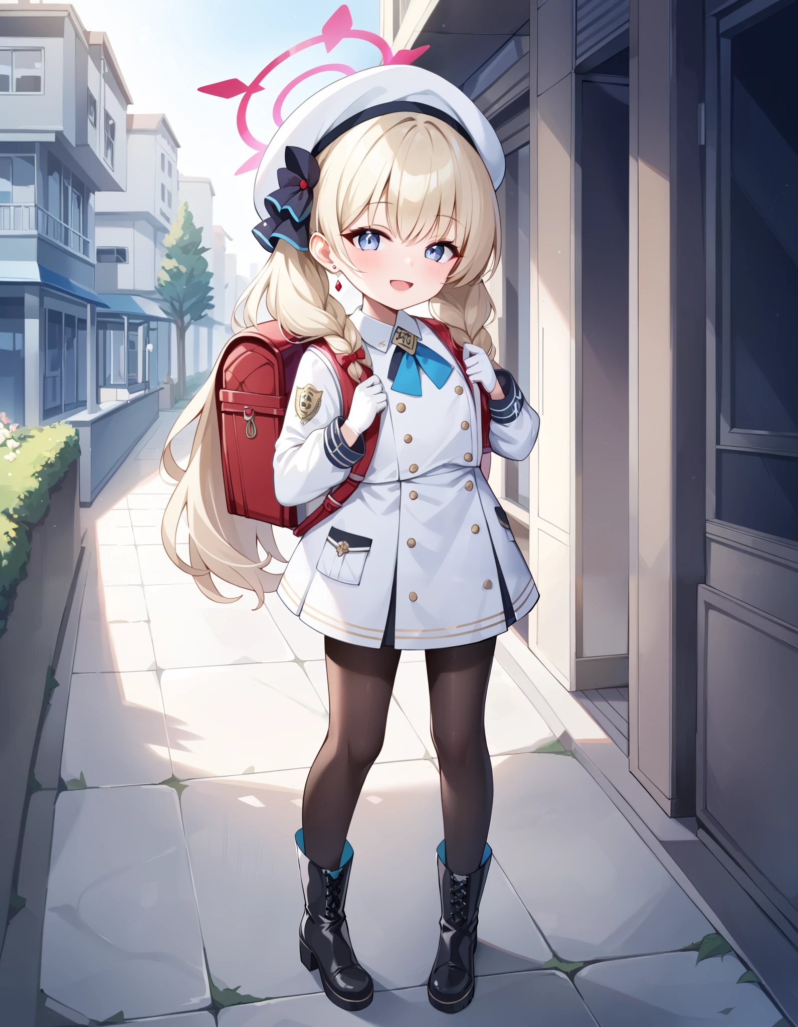 (masterpiece:1.3), (best quality:1.3), (ultra-detailed:1.3), 1girl, looking at viewer, smile, outdoors, cherino, cherino (blue archive), blue halo, shako cap, white jacket, white coat, uniform, white gloves, white skirt, black pantyhose,white boots, standing, fullbody, wearing randoseru backpack,  red backpack