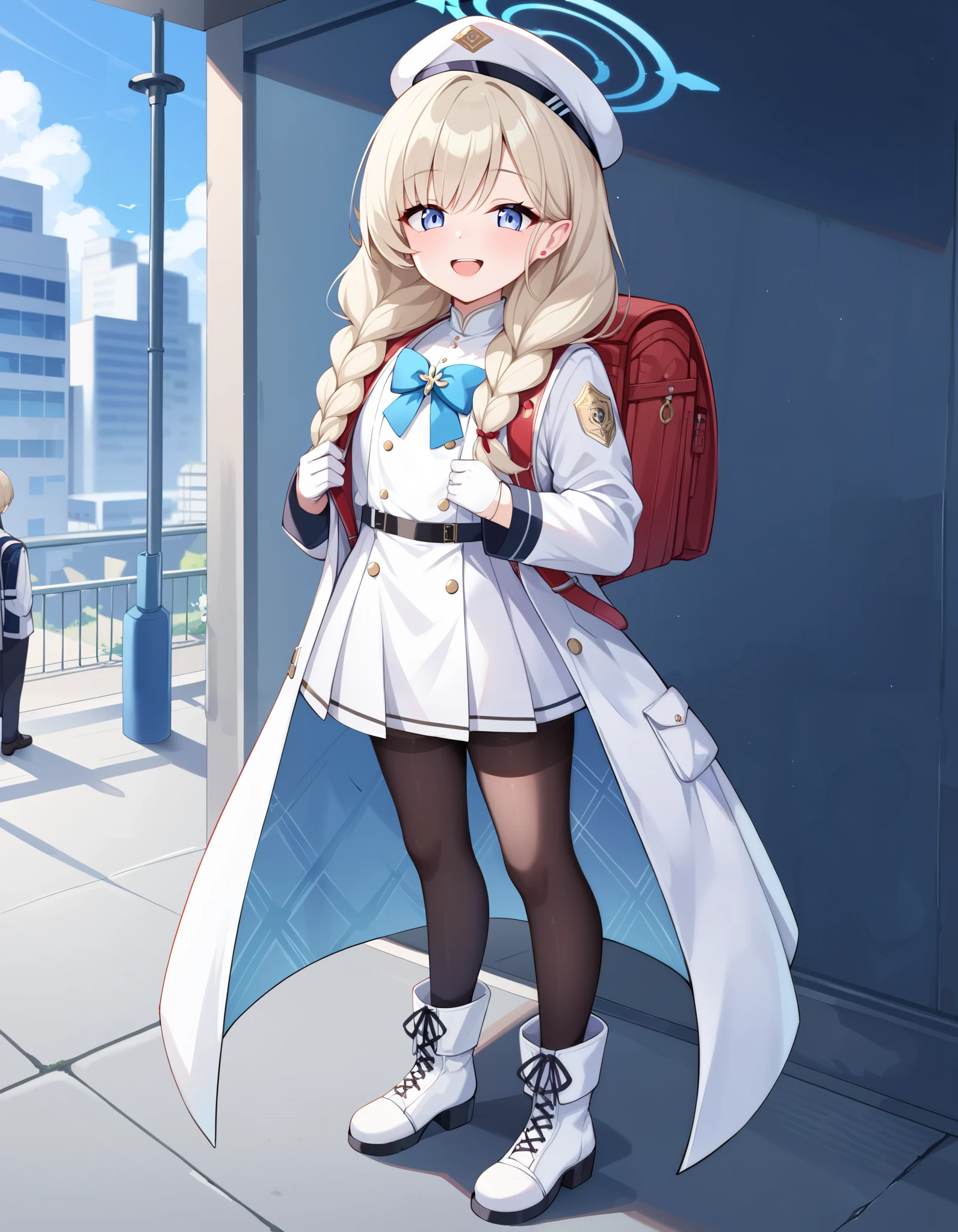 (masterpiece:1.3), (best quality:1.3), (ultra-detailed:1.3), 1girl, long hair, braided hair, smile, outdoors, cherino, cherino (blue archive), blue halo, shako cap, white jacket, white coat, military uniform, white gloves, white skirt, black pantyhose,white boots, standing, fullbody, wearing randoseru backpack,  red backpack