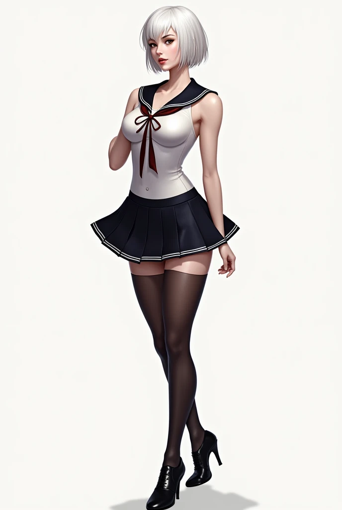 all intricate details: "1 female only 18 years old, ((Best quality)), ((Masterpiece)), full body, slim build, Looking_at_viewer, Dynamic Angle, short , V-neck, Cute, light facial skin, Leg up, Thigh Strap, ((Intricate details throughout image, high contrast,))), ((Random Pose)), NSFW
