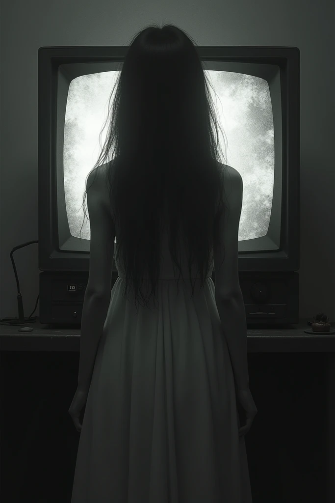 Extremely busty, white dirty dress, long black hair on floor, climbing out of tv, face covered by hair, extended hand into air, drops of water on floor