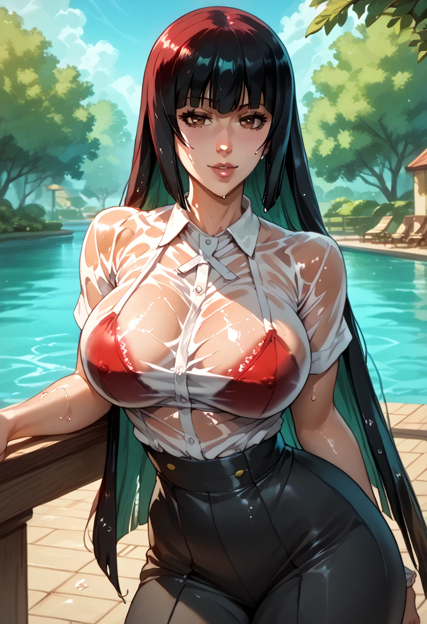 Draw yumeko from gambling highschool big boobs and see through wet shirt, focus on her waist and boobs, sexy pose, massively long waist and huge hanging boobs