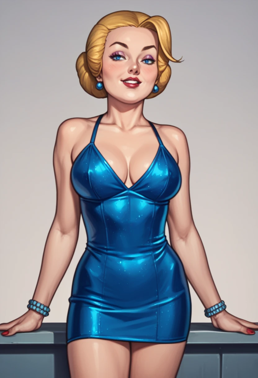 one latin woman blond girl, slim body, big smile, vintage, club singer, cuba, mexico, stand up, happy, sexy, maquiagem, covering her breasts, Lips are soft or colored, ruiva, cabelo ruivo, vintage GGA, fundo simples, sexy, erotic, vintage long fashion dress, vintage dress, pinup, pin up, pin up hairstyle, vintage hairstyle, stand up, postura ereta, provocante, sexy facial expression, simple lighting and texture, begie background, feet, empowered, comic books, comic strips, and pulp magazines