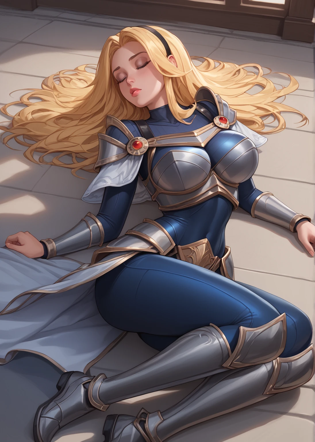 score_9, score_8_up, score_7_up, score_6_up, score_5_up, score_4_up, LuxLoLXL, blue eyes, blonde hair, long hair, black hairband, big breasts, collarbone, shoulder armor, armor, blue bodysuit, breastplate, long sleeves, faulds, skirt, blue pants, armored boots, ((((big breasts)))), alone, full body, knee high boots ,eyes closed, fainted, blows in the face, lying down, looking to the side, head to the side,tied,profile face, full body