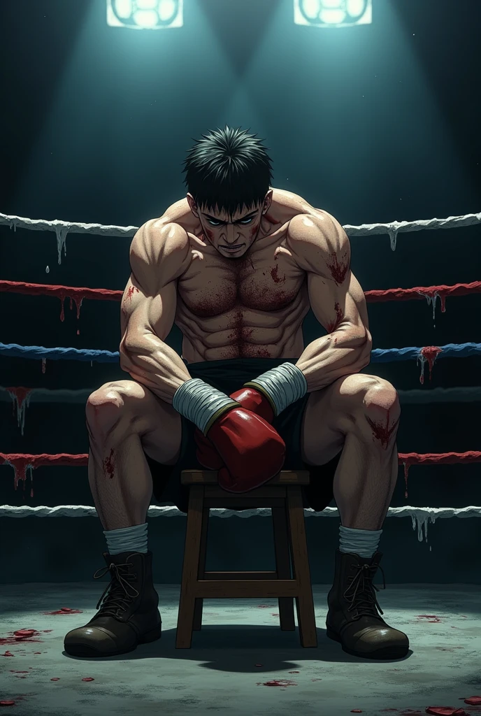 A man with black hair, intense brown eyes, angry expression, hurt body, blood over body, anime style, (best quality,4k,8k,highres,masterpiece:1.2),ultra-detailed,(realistic,photorealistic,photo-realistic:1.37),detailed portrait,dramatic lighting,dark moody atmosphere,cinematic composition,digital painting,studio lighting,hyper detailed,intricate details,captivating,powerful,intense,gritty,visceral