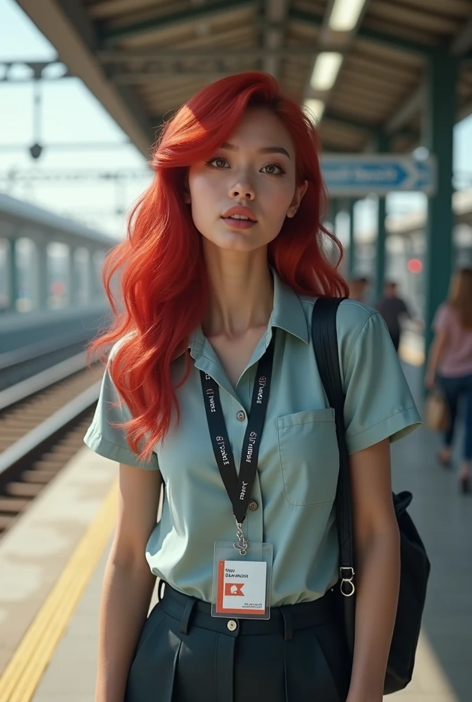 a girl with red hair standing in a subway station, a detailed painting by WLOP, featured on cgsociety, photorealism, artstation hd, detailed painting, ilya kuvshinov