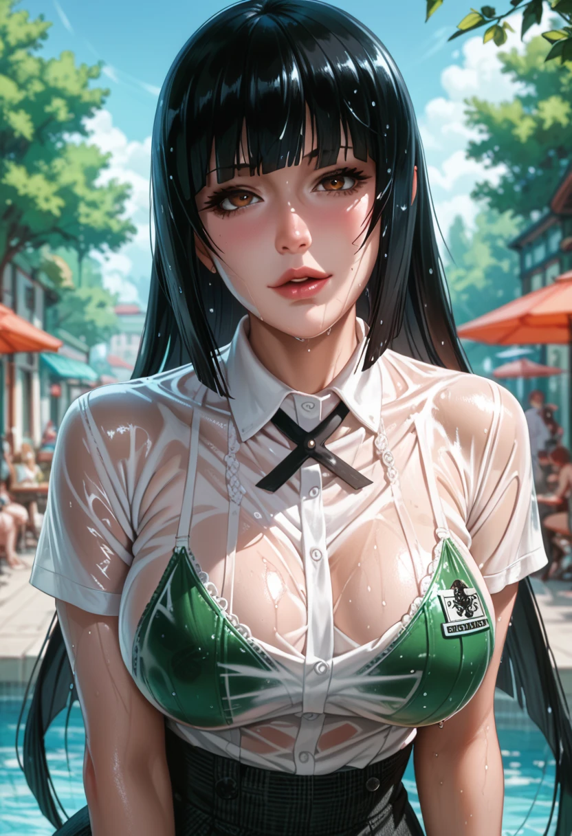 Draw yumeko from gambling highschool big boobs and see through wet shirt, focus on her waist and boobs, sexy pose, massively long waist and huge hanging boobs