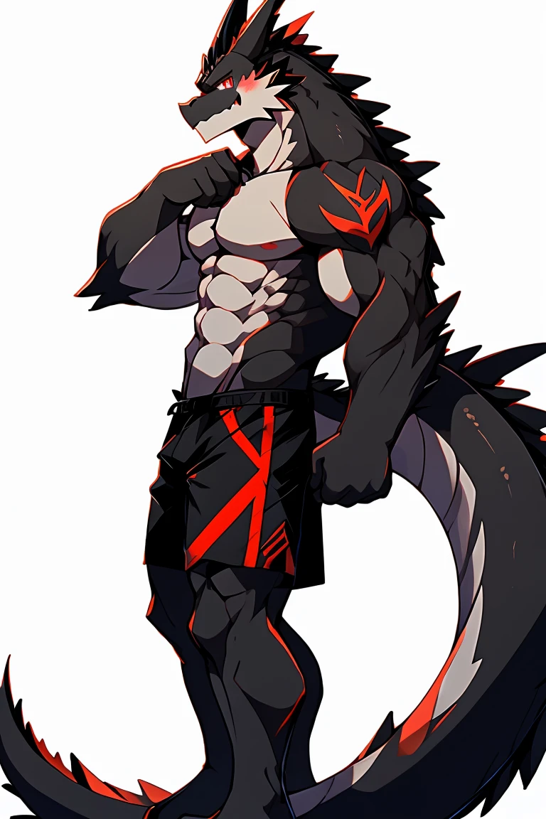 ((by bebebebebe, by zackary911, via K0BIT0WANI, via world football federation, best quality, masterpiece, perfect anatomy, deTailed picture)), alone, 1 male, muscular, muscle veins, adult, Tyrannosaurus rex, dark gray scales, Tail, dark red eyes, blue boxing gloves, shorts pants, Serious, battle arena