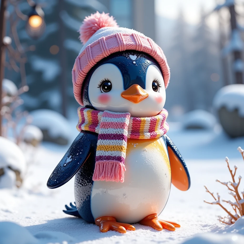  A penguin figurine made of Liquid Porcelain with Beautiful Patterns, Shimmers , Very rich colors ,  against the Snowy View ,  in a warm hat and a scarf , Very Beautiful and Bright , Shine,  Best quality ,  Complex Details , 8 k, masterpiece,