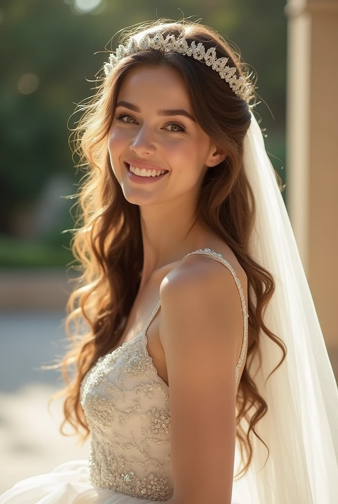 Realistic full body photo of a smiling redhead woman with long hair, She dances in front of the camera in a long A-line wedding dress with straps made of shiny white satin., Park,glamour fotoshooting, Wedding celebration, perfect anatomy, perfect green eyes. Perfect hands with 5 fingers on each hand, Matching girl, look into the camera, 1 Frau. (Eye make up:1.1), (highly detailed skin:1.1), spirit, analog style, keen focus, 8K UHD, dslr, good quality, Fujifilm XT3, Grain, Award-winning, masterpiece. Wedding celebration
