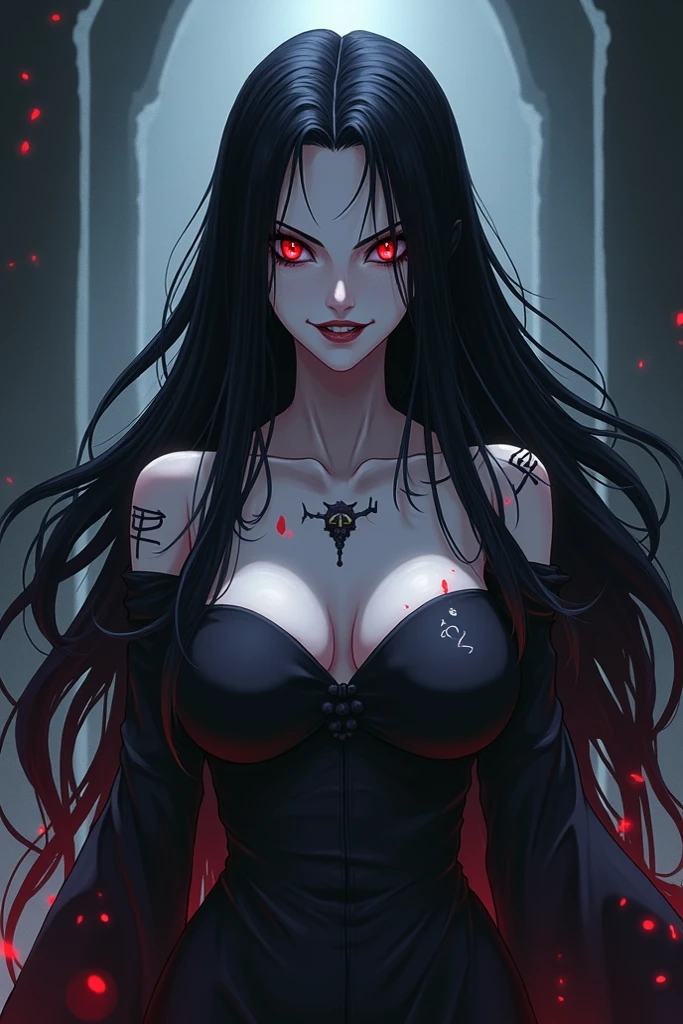 (1girl, Elvira), (extremely detailed CG unit 8k wallpaper),(master part), (best quality), (ultra detail), (best illustration),(TimBurton Animation), cowboy shot, (Sharp eyeliner, ombre, detail eyes), dark dungeon interiors background, ,break , (vamptech), big breasts, cleavage, black dress, sexy, decolorise,