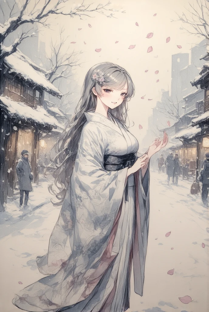 Contemporary Art, artwork, The theme is  "Petal rain",  Various petals falling like rain , Snow-covered city,  Japanese woman in a kimono ,  Petals falling on a woman ,  beautiful composition , fantasy,  The colors of the kimono and petals are extremely bright in the snow-white city, Sophisticated design ,  Advanced Lighting Technology ,  Real shot in 8K quality 