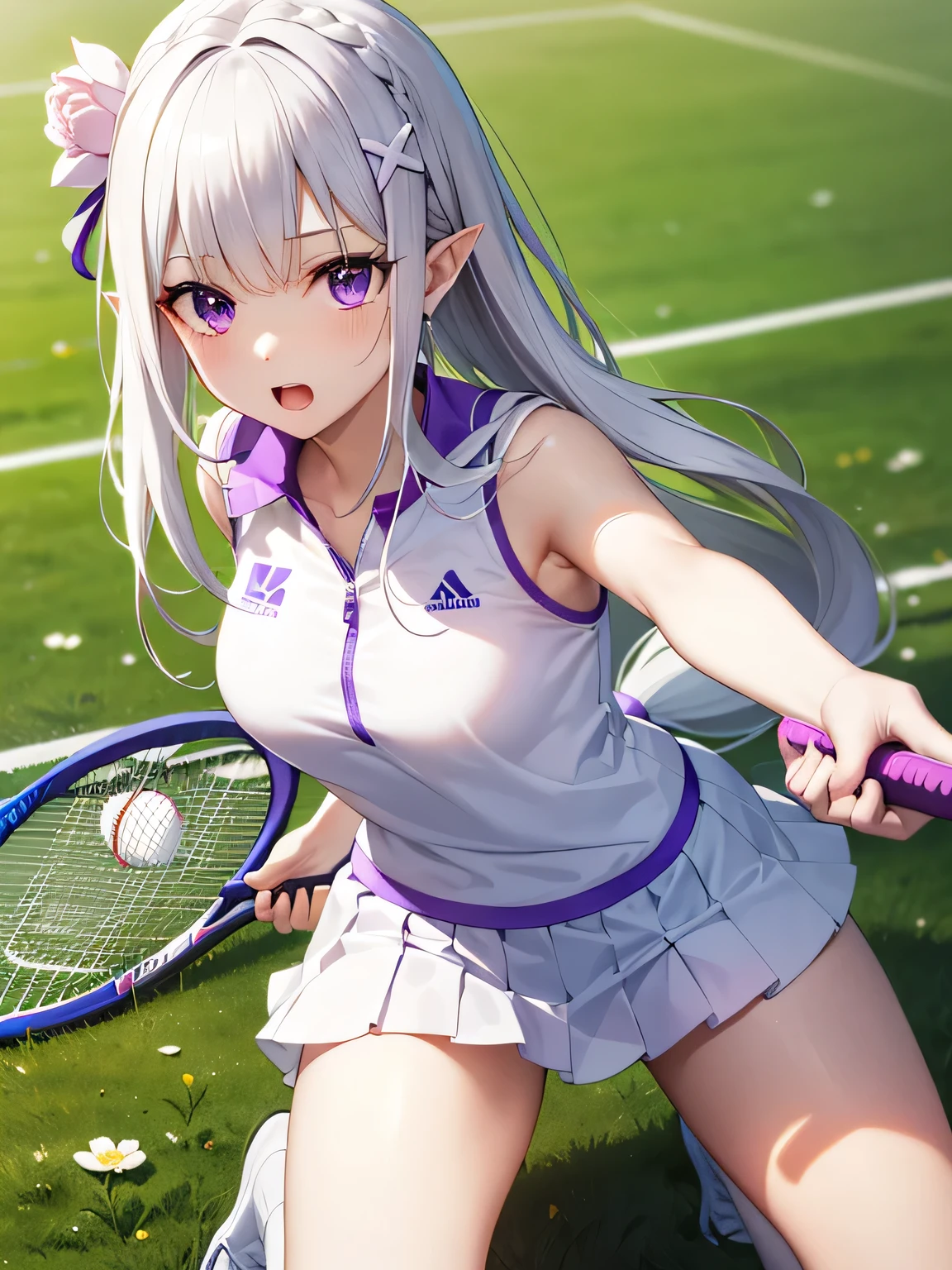 She is wearing a white tennis outfit, with her white undergarments visible. She holds a single tennis racket with both hands in a poised and focused manner. The lush green grass tennis court stretches out in the background. BLACK HIGH SOCKS.Draw in bright pastel tones。There is a large amount of condensed milk on the cheeks。  braided , crown  braided , flower,  hair flower,  hair ornament ,  hair bow ,  long hair, low-tied  long hair, (Purple Eyes:1.2), pointy ears, White Flower, x  hair ornament ,  open her mouth , break (masterpiece:1.2),  best quality,  high definition ,  Unity 8k Wallpaper, (Illustration:0.8), ( A beautiful eye for detail:1.6), Highly detailed face,  perfect lighting,  highly detailed CG , (  PERFECT HAND ,  Perfect Anatomy  ),