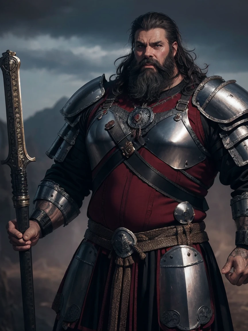 full shot:1.5 Exaggerated Emotions ,Wrinkled and small eyes combined with laughter ,Villain Image ,Viking Messy Beard, Soldier Style Knight Armor 40 Years Old Male Obese Body Type ,  Combat Posture Rough Shape High Forehead Refined Equipment Chest Red Heart Badge Cartoon Line Style Strong Character Beard Features Muscle Sense Combat Weapon Traditional Medieval Design