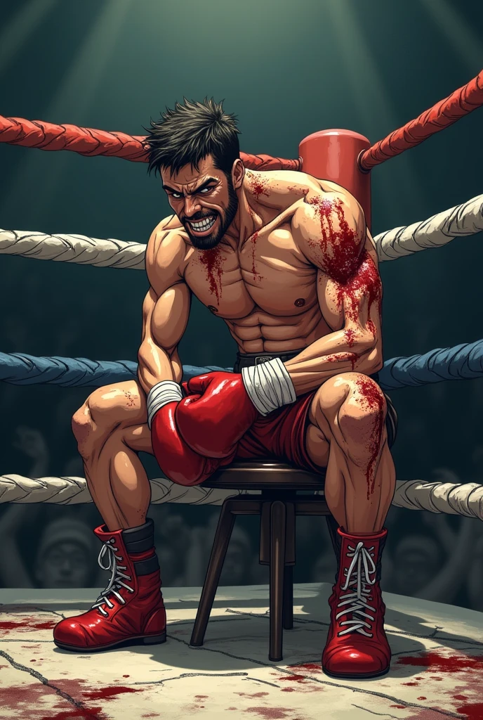 During the match, a naked male lies on the ground, boxer, boxing gloves, ground ruffian, high school student, short orange-red hair, painful expression, gritted teeth, gritted teeth, contempt, wearing only panties, red briefs, crotch, seduce, solo, single, wet all over, sweat, defeated, battle damage, scars, blood, blue nose and swollen face, vomiting blood, tears, torn clothes, bursting clothes