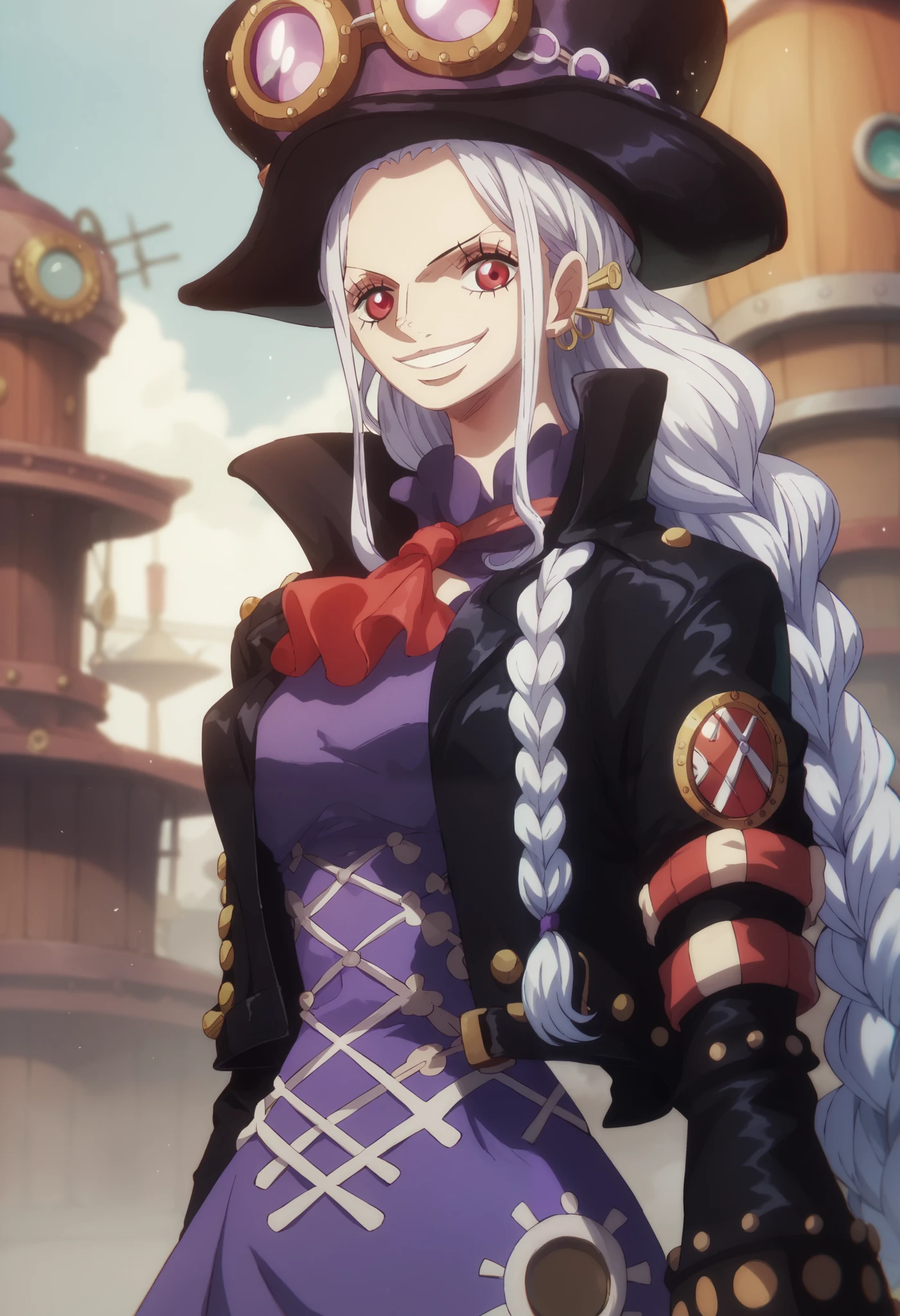 A woman from one piece, long hair, steampunk aesthetic , hat, very dark purple clothes, black jacket , red eyes, silver braids, goth, smile, perfect anatomy 