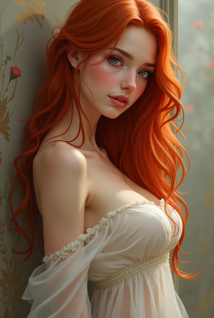 Hair: long, natural redhead and curvy.
Eyes: greens, cold and penetrating Skin: pale, with some visible scars from past battles.
Facial features: Angular and marked,