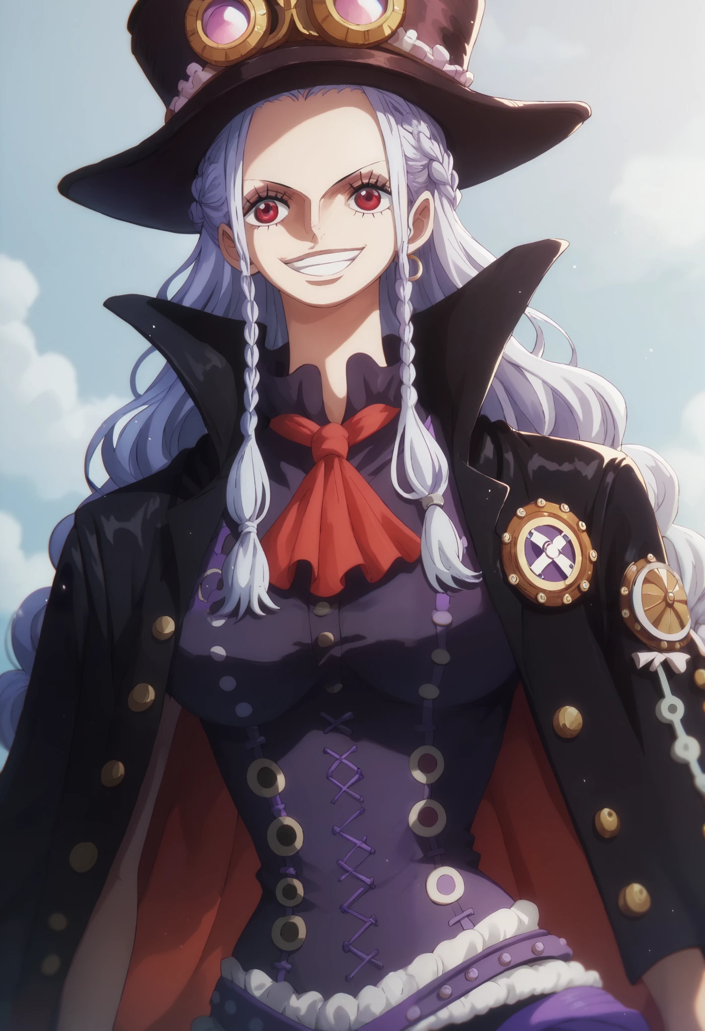 A woman from one piece, long hair, steampunk aesthetic , hat, very dark purple clothes, black jacket , red eyes, silver braids, goth, smile, perfect anatomy 