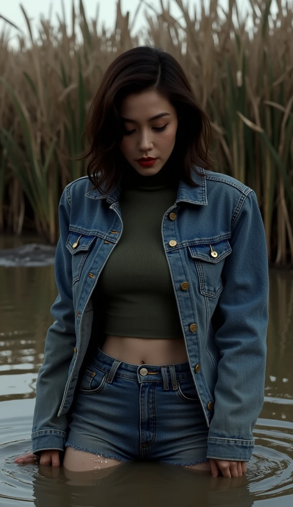 ( Best quality,4K, high definition , Realistic, vintage art 90s), close-up stuck  woman ,  plunged into a viscous messy sludge, denim jeans, denim jeans,  tight leather jacket ,turtleneck, A vintage dark and mysterious , weed , Soft Lighting ,muted colors, viscous sludge, reeds, shameful pleasure, dusk weed, covered in  viscous messy sludge, brunette