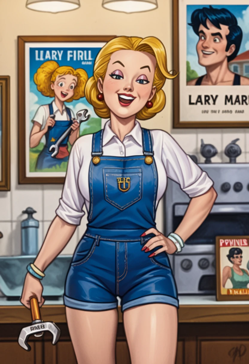 Alice Mitchell in blue overalls holding a wrench, pin-up girl, Earl, pin-up poster girl, pin-up art, pin-up girl, pin-up girl, High quality illustration, pin-up model, pin up, pin up, Official artwork, pin-up girl, pin up, color illustration, promotional art, Earl moran