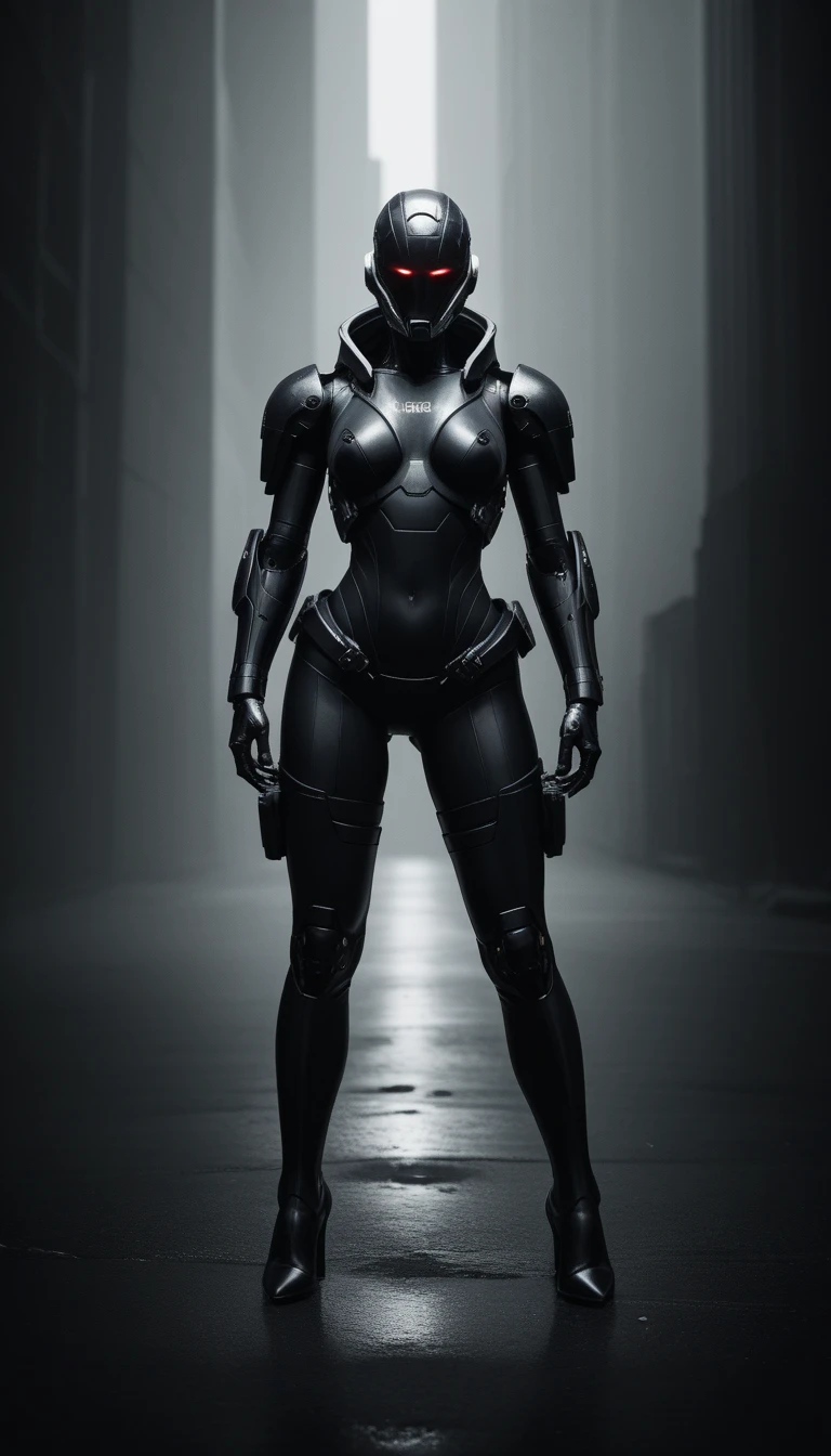 Create an image of a female robot in the future world, standing in the middle of the world, focusing on her.