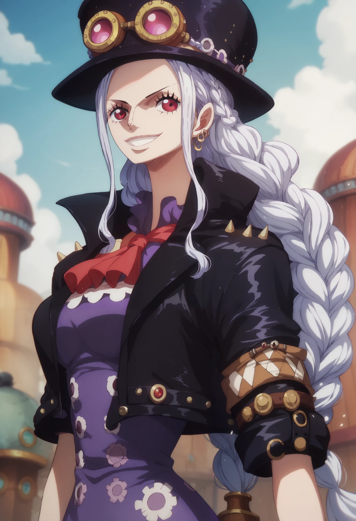 A woman from one piece, long hair, steampunk aesthetic , hat, very dark purple clothes, black jacket , red eyes, silver braids, goth, smile, perfect anatomy 