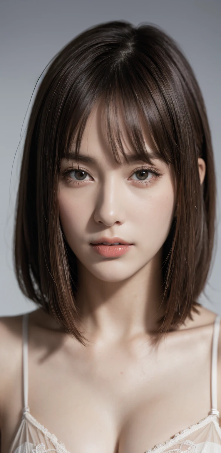 solo,  turning your gaze ,  high definition , masterpiece,  anatomically correct,  best quality, accurate,  Ultra High Definition,  textured skin ,  8k octane, Very short hair with bangs、woman、Close-up of face、 lingerie、 simple background, 