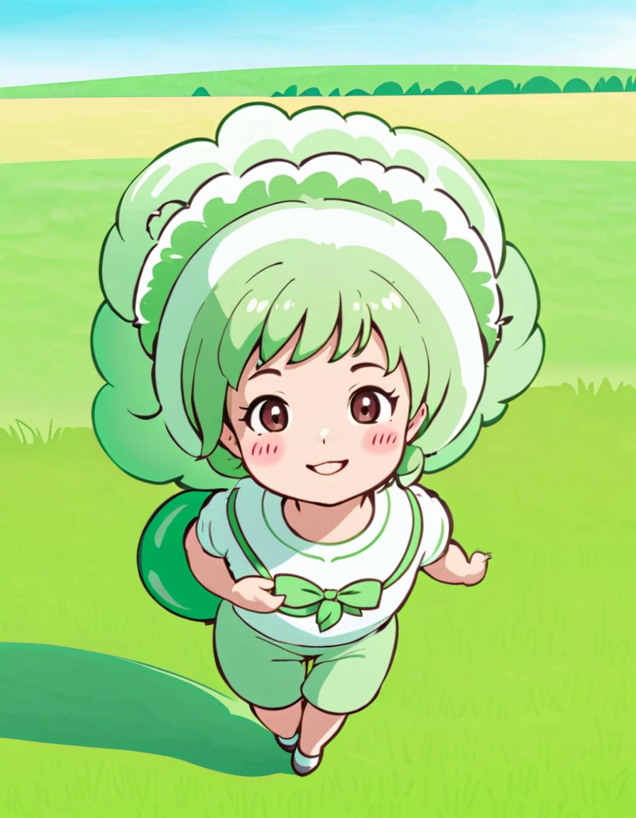 Zundamon, chibi, green short hair, Light Green clothing, Playful Cat Smile, outdoors, field, White short-sleeved blouse, Light green suspenders attached to Fluffy Light Green Overalls, Pink ribbon tie adorned with green soybean, Big green soybean-shaped headband, Three-heads tall, by Sakamoto ahiru. (tkw)