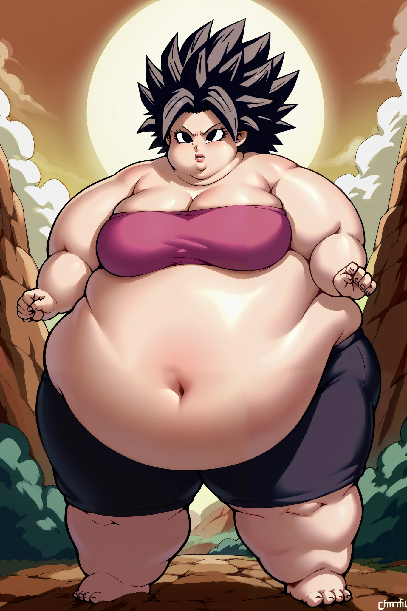 Girl becoming a monster, becoming a troll, fat, chubby, obese, tube top, black bike shorts, 1girl, 1girl, caulifla, spiked hair, black hair, black eyes, no pupils, big ears, big nose, big lips, 900 pounds, 10 ft tall, hunchback, broad shoulders, big belly, gigantic arms and legs 