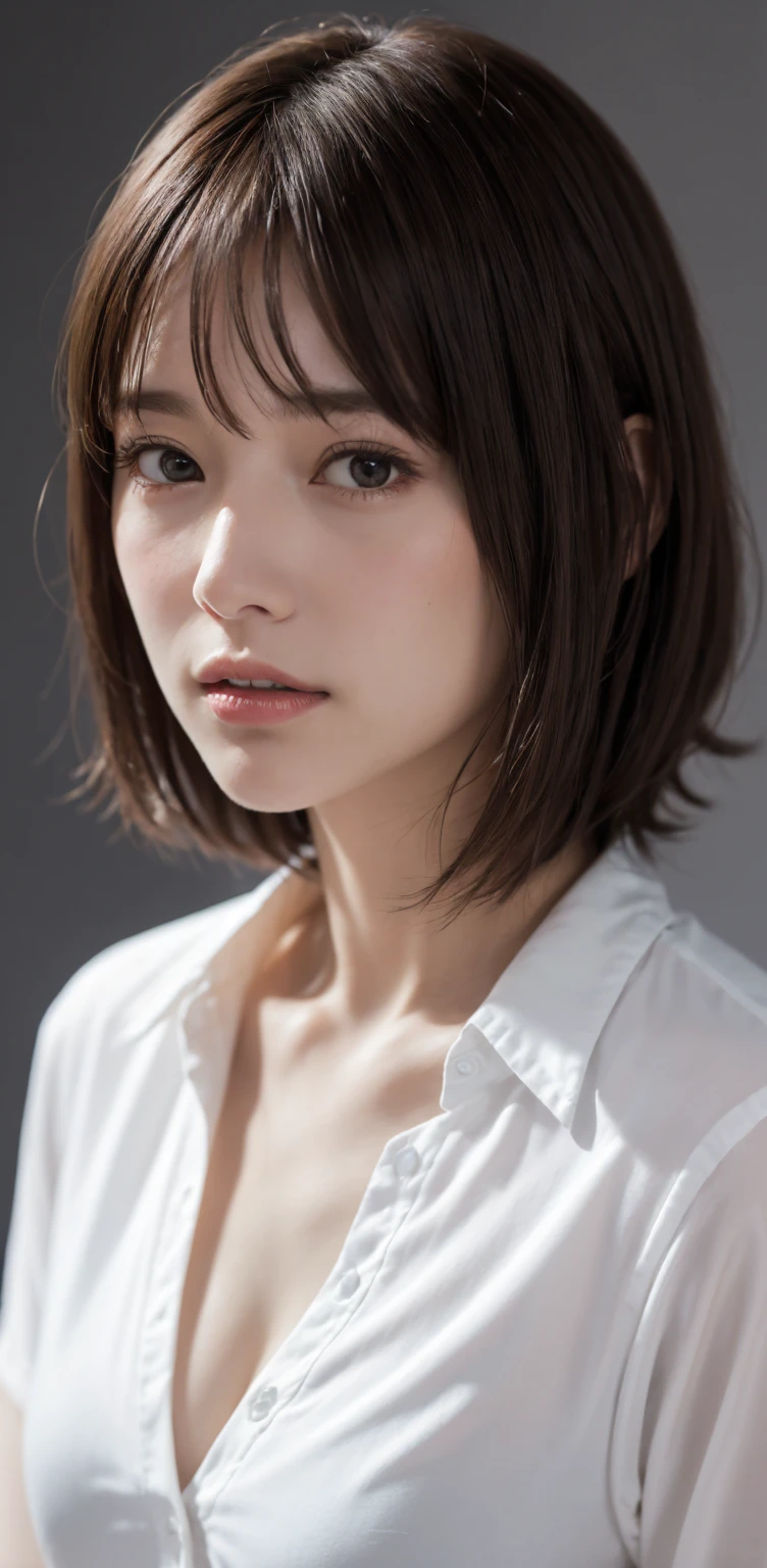 solo,  turning your gaze ,  high definition , masterpiece,  anatomically correct,  best quality, accurate,  Ultra High Definition,  textured skin ,  8k octane,  very short hair with bangs、woman、Close-up of face、white cutter shirt with open chest、 simple background, 