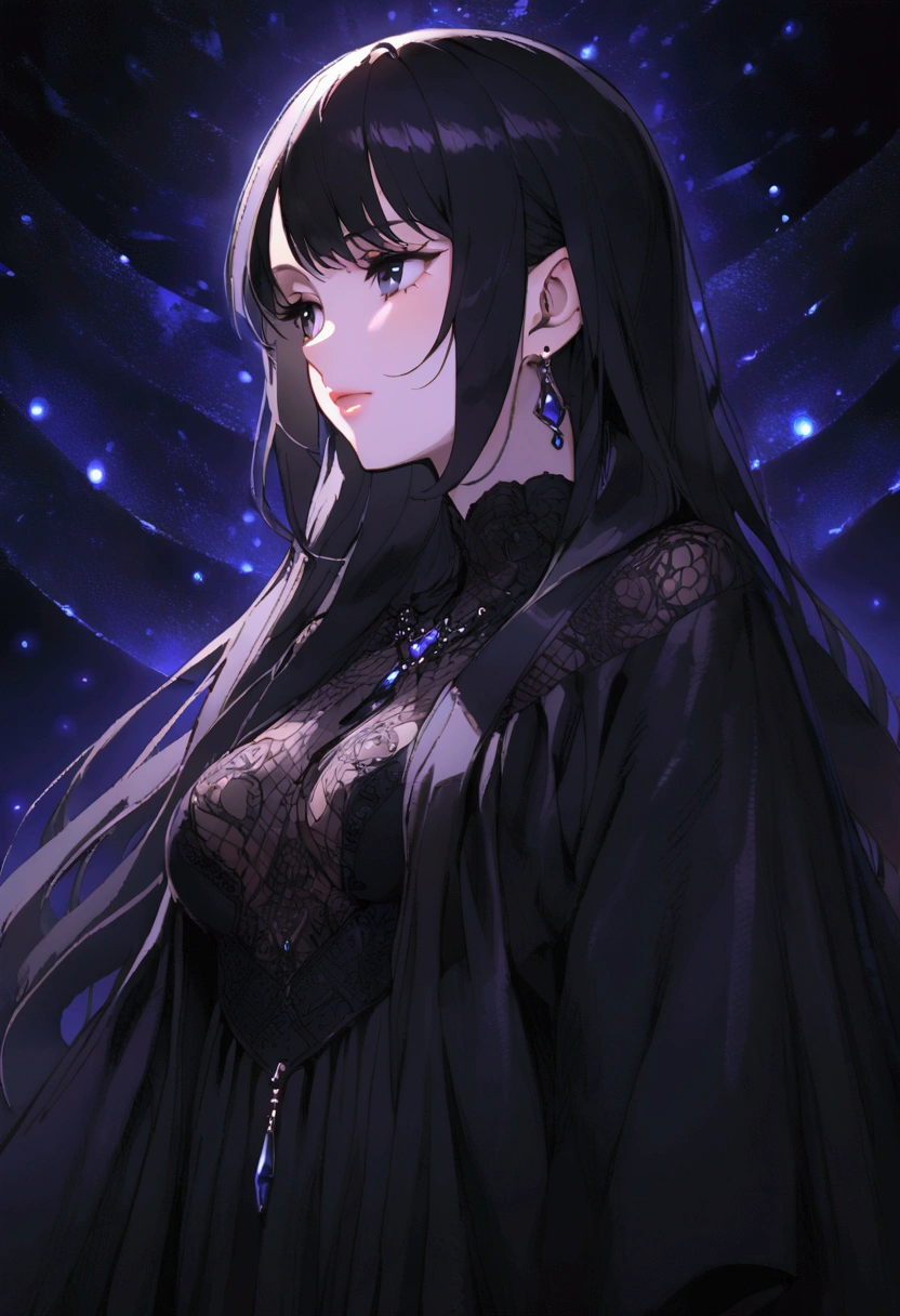 A woman with long black hair wearing a black robe with a beautiful face 