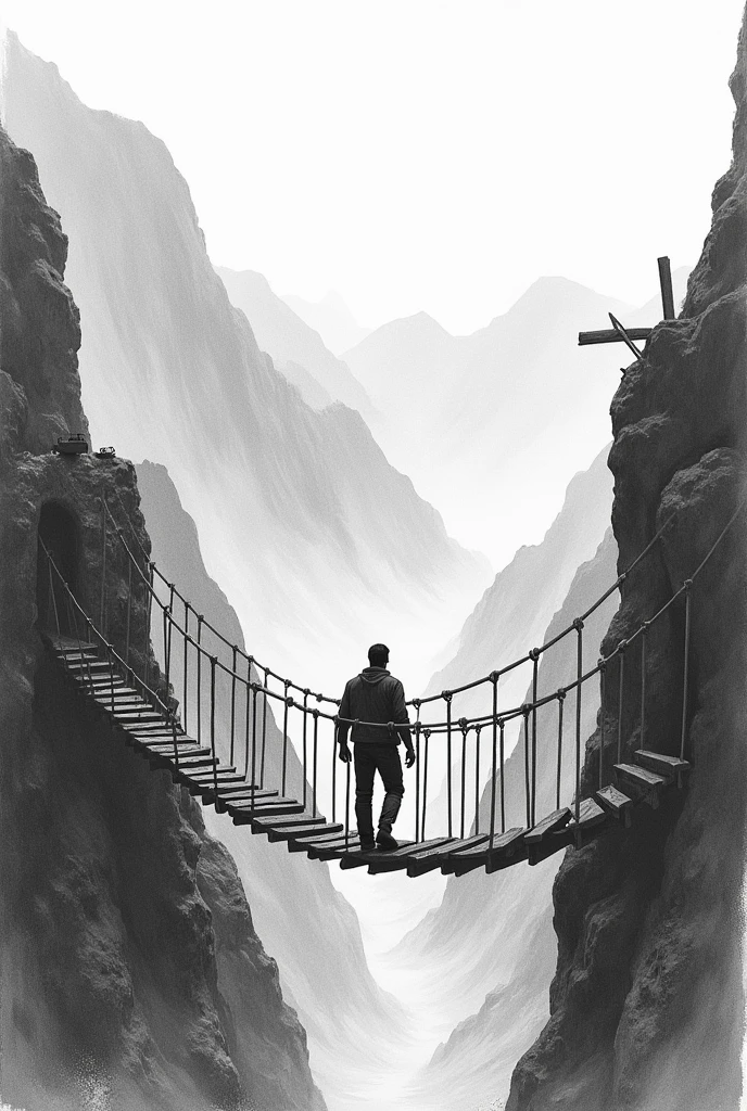 A Man Crossing A Suspension Bridge Pencil - Seaart Ai