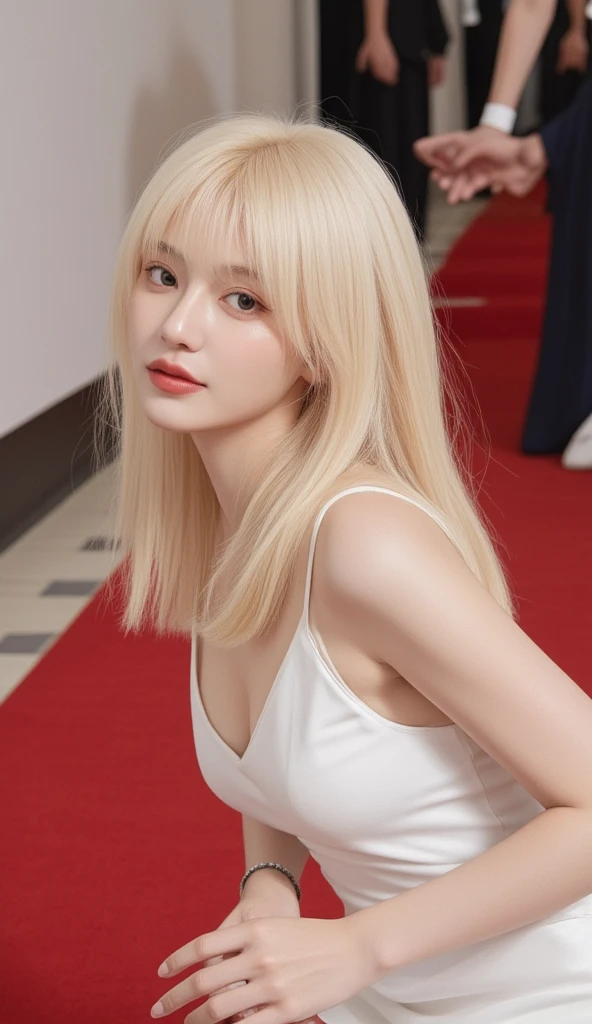  a 22-year-old white female 、 The hair color is platinum 、 blue eyes 、 long hair、Straight Hair、Wrist accessories、I&#39;I戴了颈链、Smooth skin、 Smile、 I'm slim but muscular 、I的心跳加速、 Smile、 wearing a low-cut dress 、 wearing red heels 、I&#39;I坐在老城区的石阶中间.